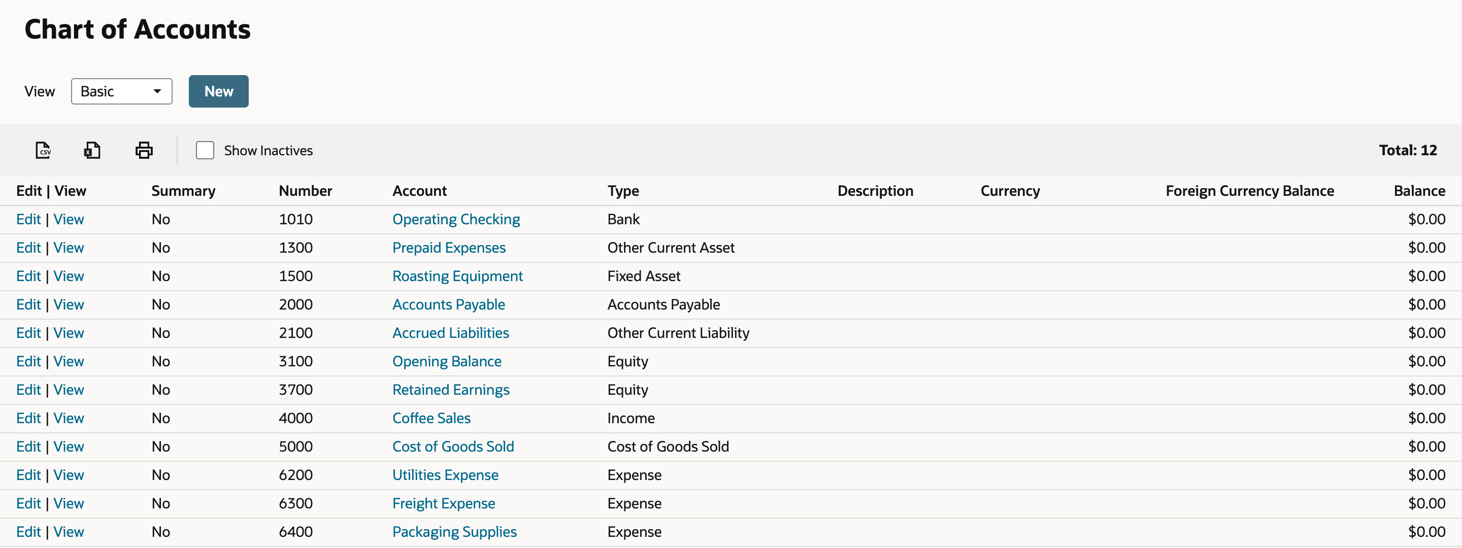 Chart of Accounts list with twelve accounts, all at $0.00. Row 3100 Opening Balance has Type Equity.