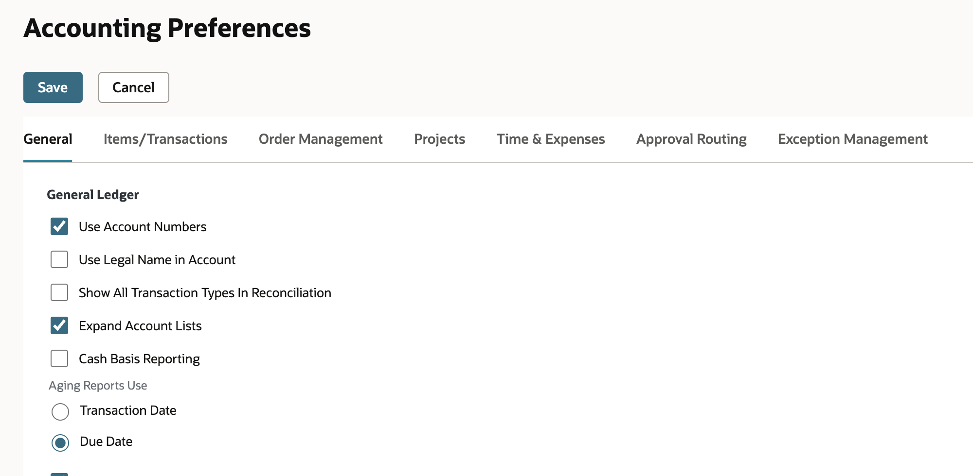 Accounting Preferences, General subtab, General Ledger section with Expand Account Lists checked. Aging Reports Use is set to Due Date.