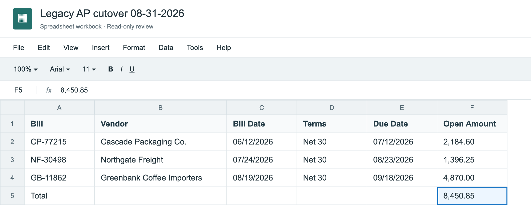 Legacy A/P Aging sheet with columns Bill, Vendor, Bill Date, Terms, Due Date and Open Amount: CP-77215 Cascade Packaging Co. 06/12/2026 Net 30 07/12/2026 2,184.60; NF-30498 Northgate Freight 07/24/2026 Net 30 08/23/2026 1,396.25; GB-11862 Greenbank Coffee Importers 08/19/2026 Net 30 09/18/2026 4,870.00; Total 8,450.85.