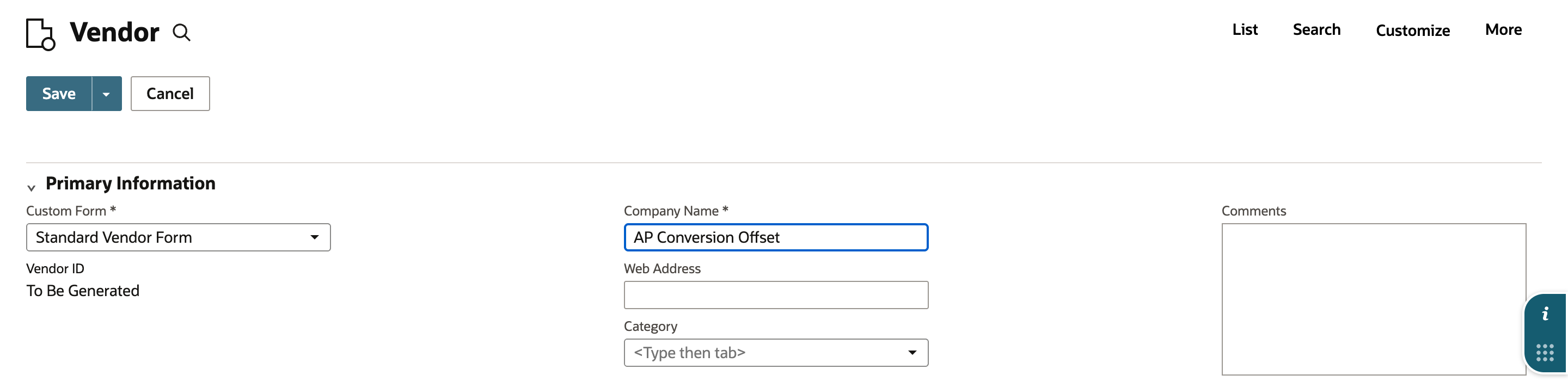 New vendor form with Company Name AP Conversion Offset and Vendor ID To Be Generated.
