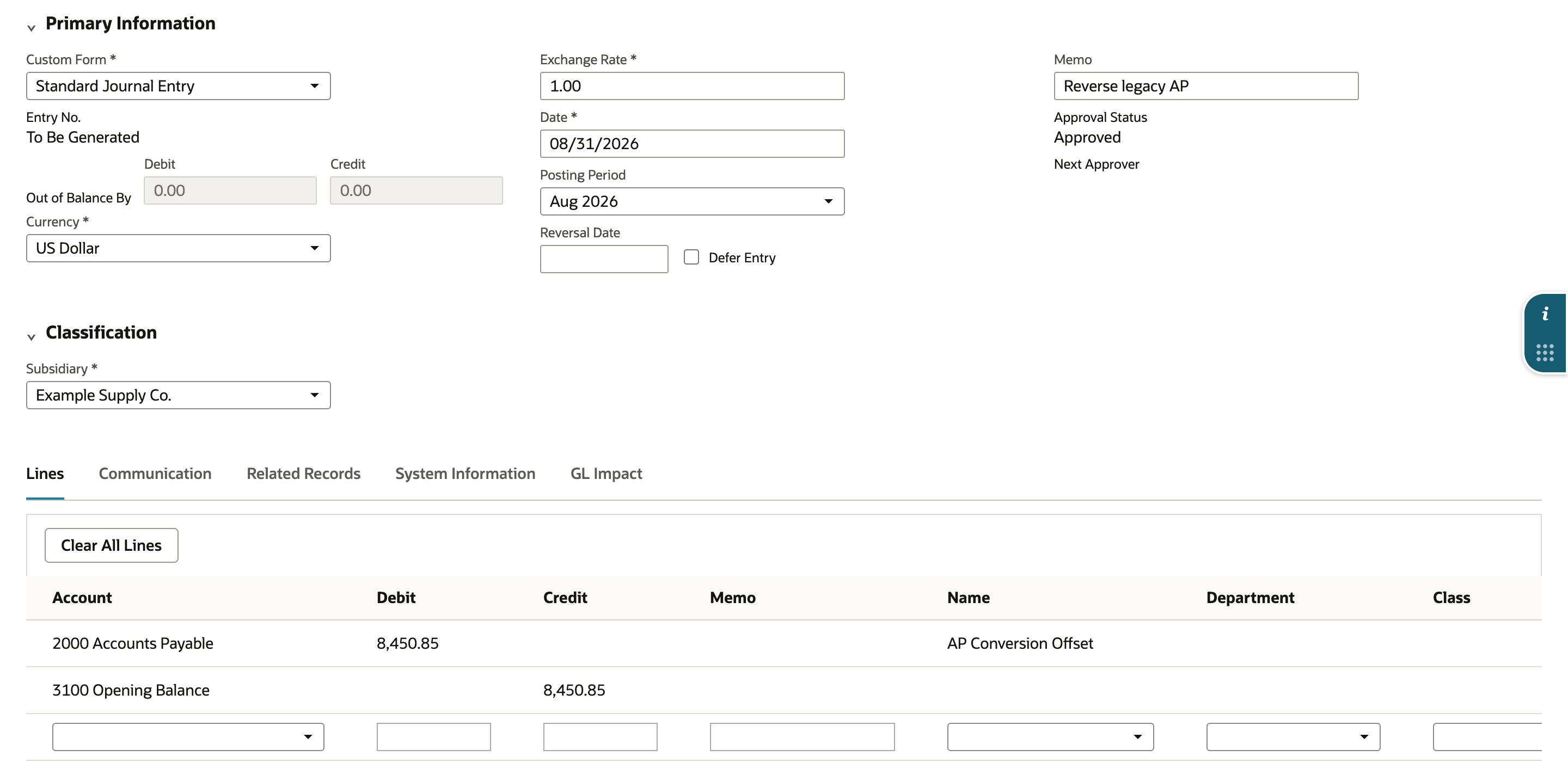 Journal entry with Memo Reverse legacy AP, Date 08/31/2026, Posting Period Aug 2026. Lines: 2000 Accounts Payable debit 8,450.85 with Name AP Conversion Offset; 3100 Opening Balance credit 8,450.85.