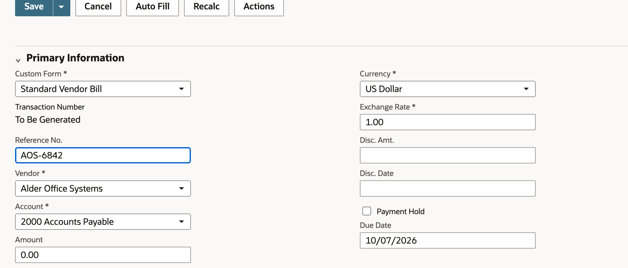 Review the blank Bill form and its default values.