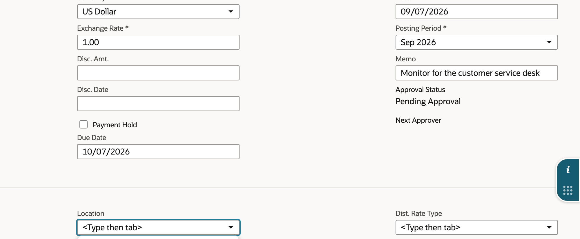 Enter the supplier reference and memo, then review sourced fields.