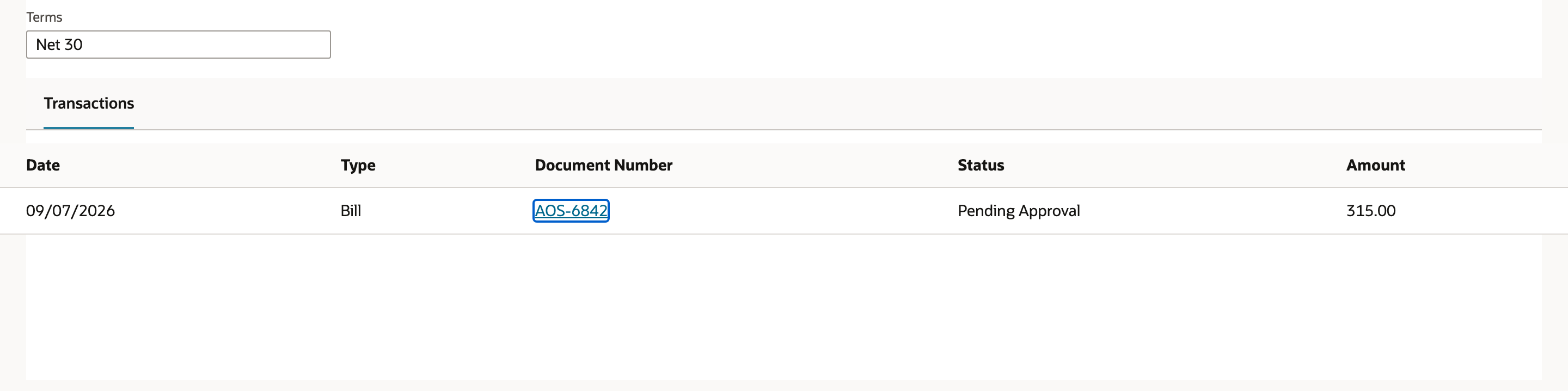 Vendor financial transactions showing the saved bill AOS-6842.