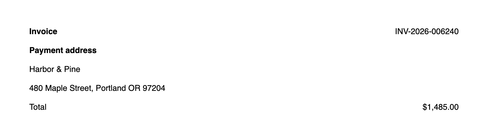 The sample invoice preview displays Harbor & Pine with one visible ampersand in Payment address.