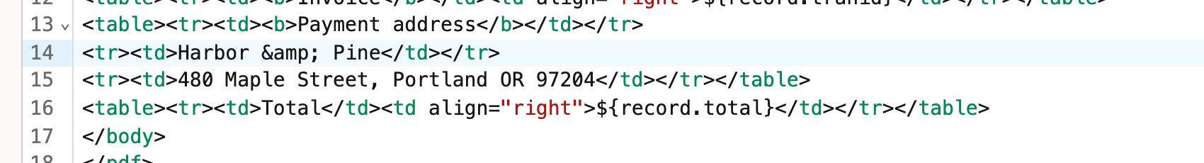 Line 14 contains the ampersand entity in the Harbor and Pine payment name.