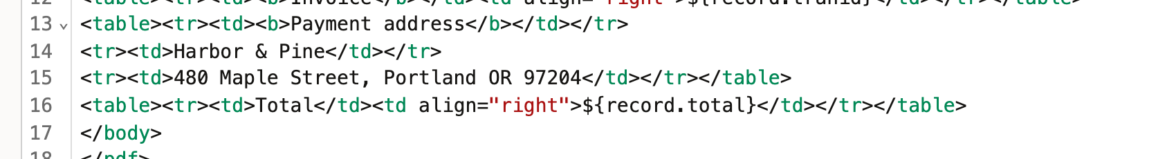 XML source has a bare ampersand in the literal Harbor & Pine payment name on line 14.