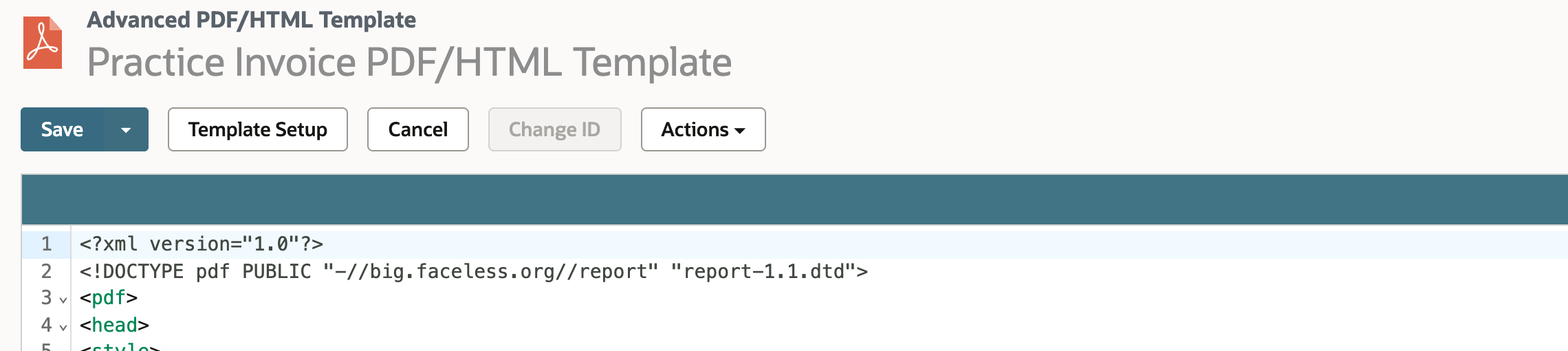 The copied Practice Invoice PDF/HTML Template is open in the source editor.