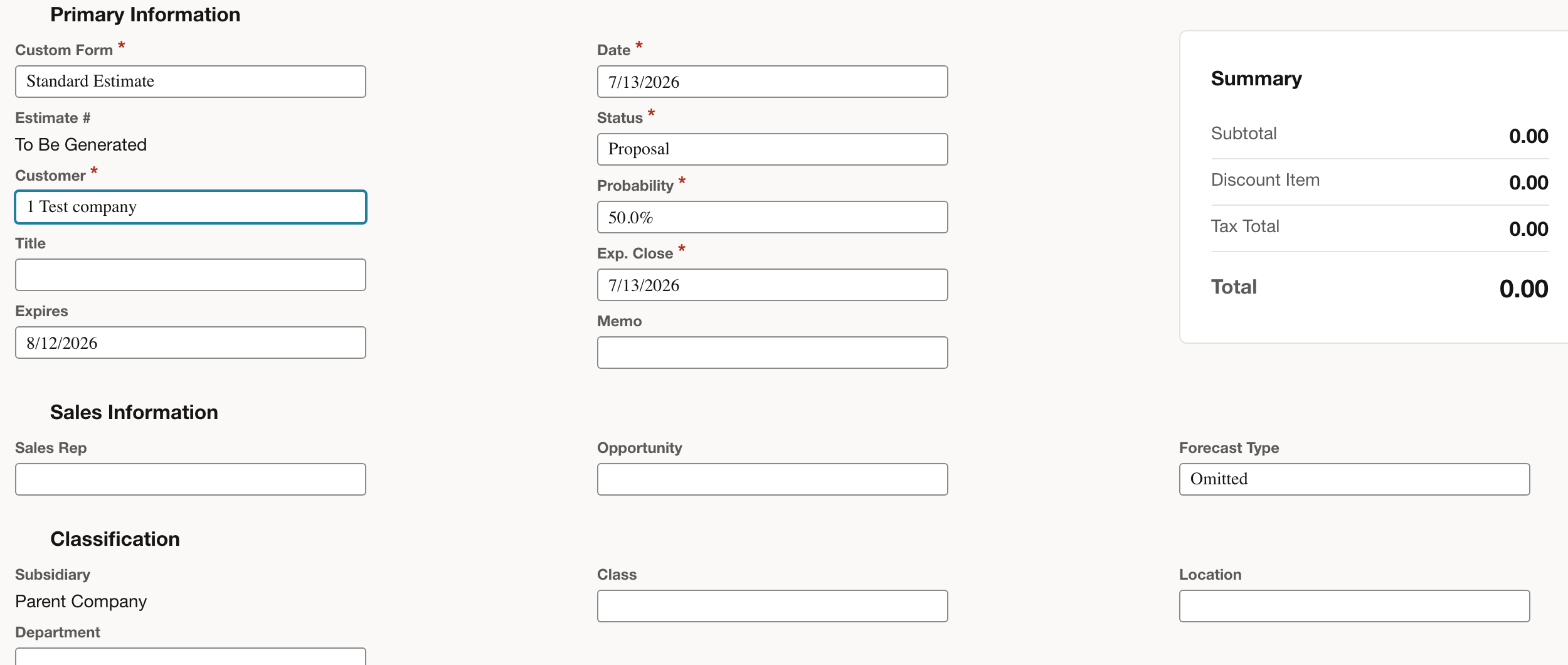 NetSuite: The estimate form is tied to the selected customer.