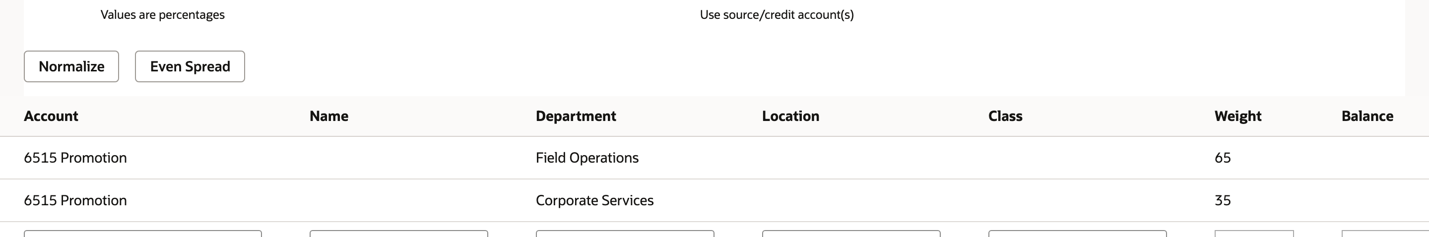 Destination row assigning 65% to Field Operations