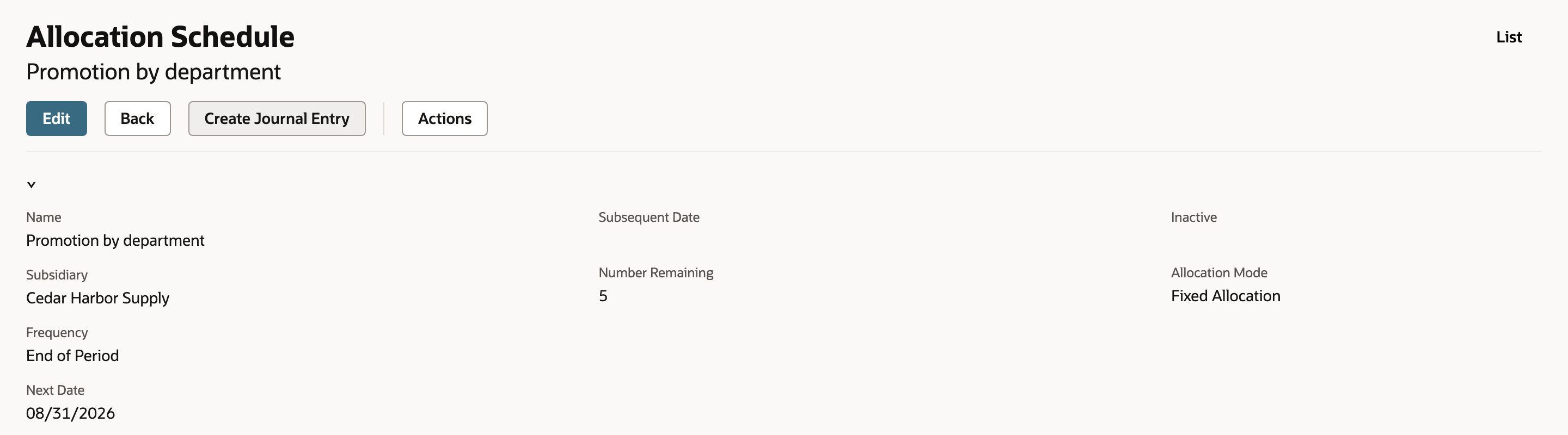 Saved Promotion by department allocation schedule