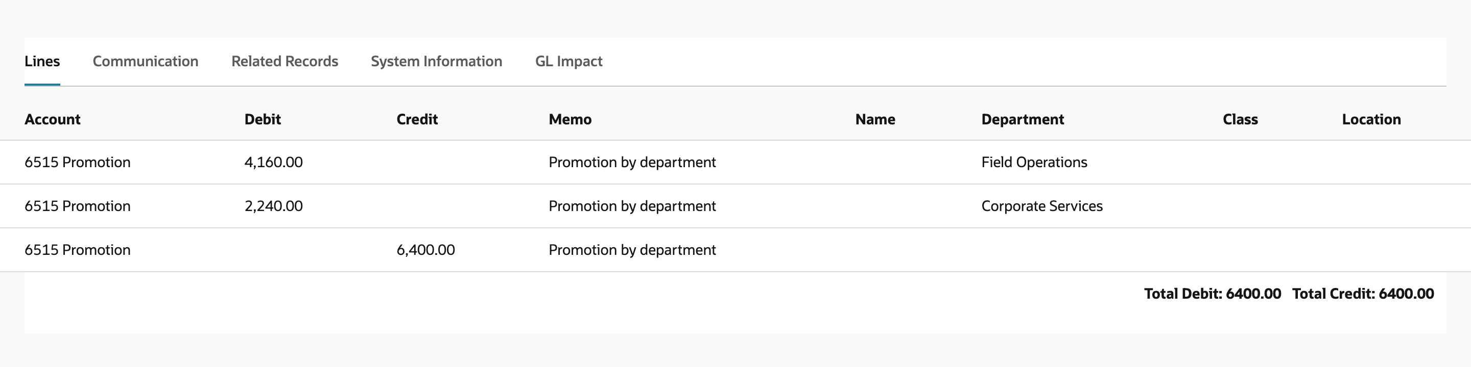 Generated journal with the two department debits and source credit.