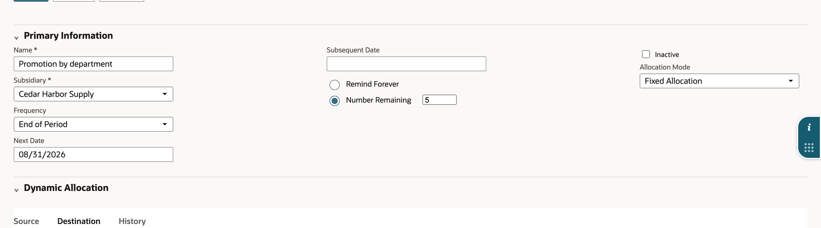 Allocation Schedule with fixed allocation settings