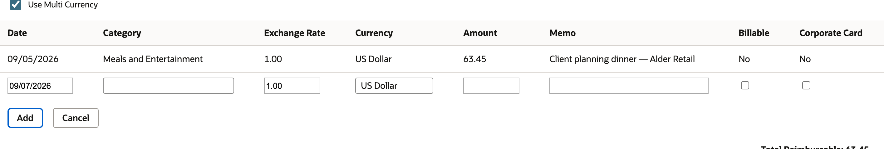 The added meal line uses September 5 and $63.45.