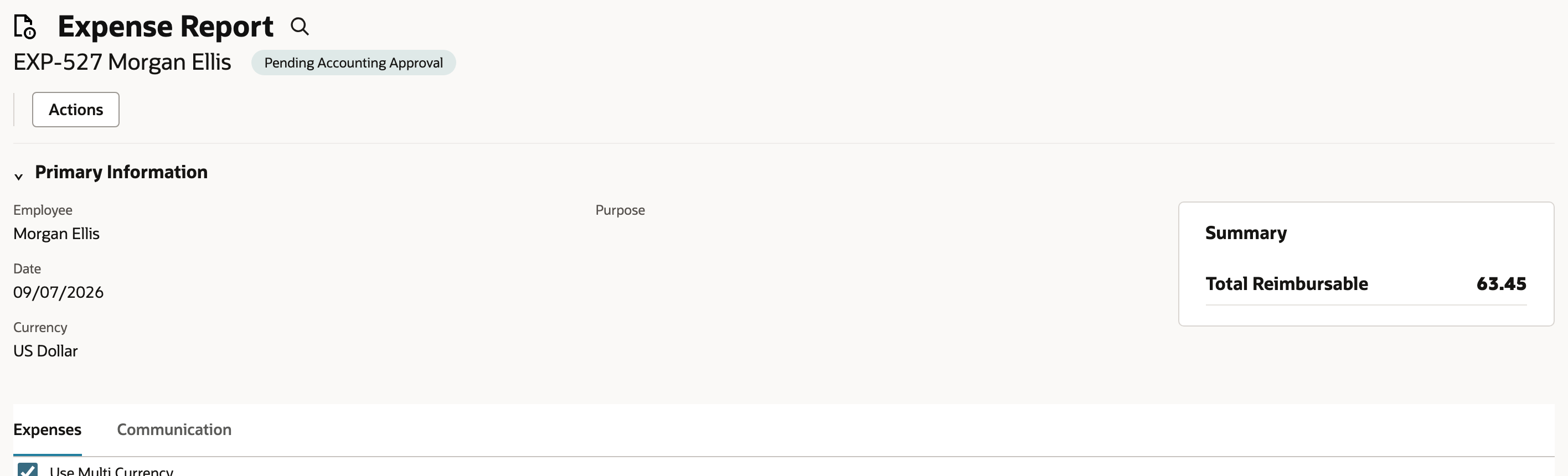The saved expense report shows Pending Accounting Approval and $63.45 reimbursable.