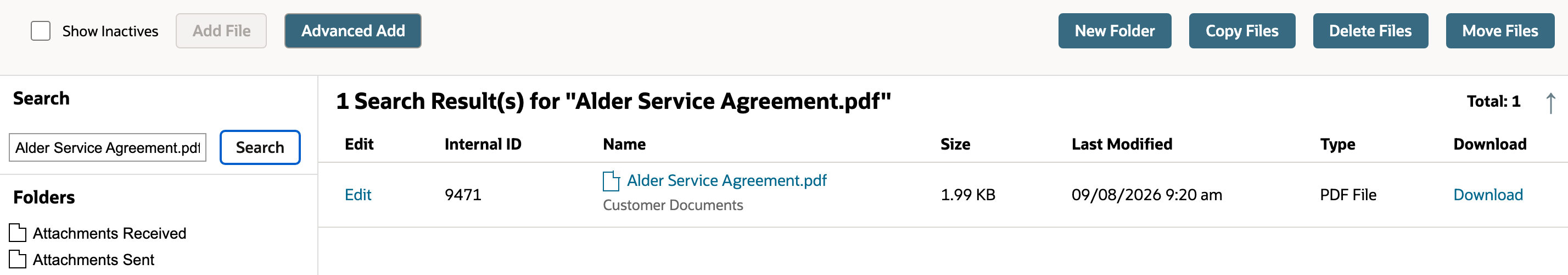 File Cabinet returns the same document, folder and displayed size.