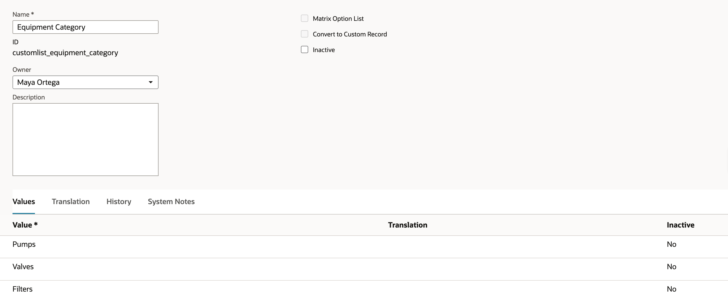 The Equipment Category custom list, ID customlist_equipment_category, with the values Pumps, Valves and Filters.