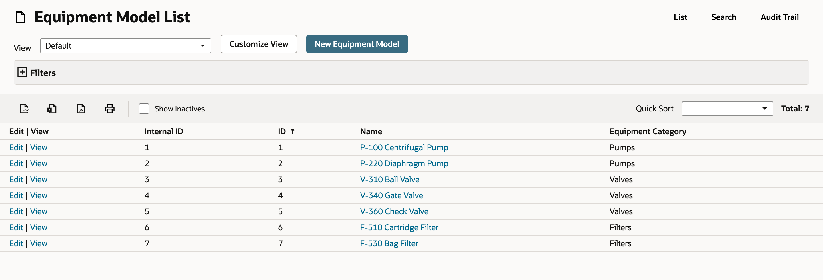 The Equipment Model List, Total 7, with Name and Equipment Category for each record: two Pumps, three Valves and two Filters.