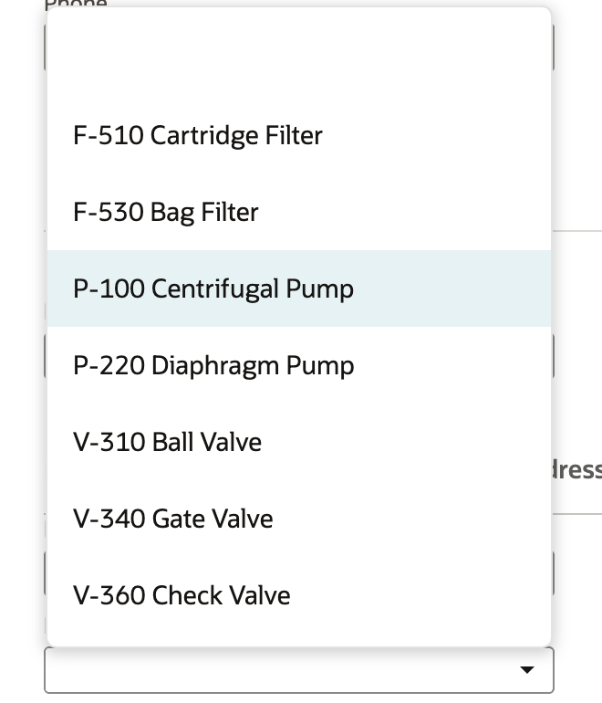The Equipment Model dropdown open on a new customer with Valves chosen as the category, listing all seven models: F-510 Cartridge Filter, F-530 Bag Filter, P-100 Centrifugal Pump, P-220 Diaphragm Pump, V-310 Ball Valve, V-340 Gate Valve and V-360 Check Valve.