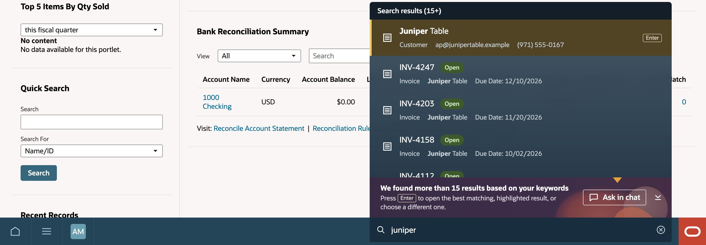 Search results (15+) for juniper. The highlighted top row is Juniper Table, labeled Customer, with ap@junipertable.example, (971) 555-0167, and an Enter badge. Open invoices INV-4247, INV-4203, and INV-4158 are listed below.