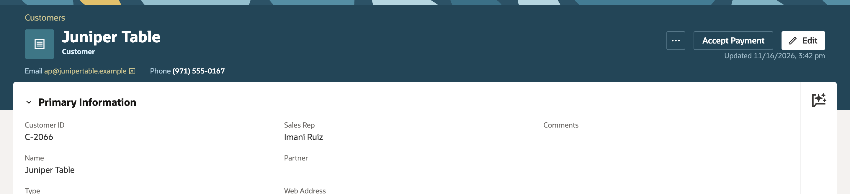 The Juniper Table customer record in NetSuite Next. The header shows Juniper Table, Customer, Email ap@junipertable.example, Phone (971) 555-0167, and the Accept Payment and Edit buttons. Primary Information shows Customer ID C-2066 and Name Juniper Table.