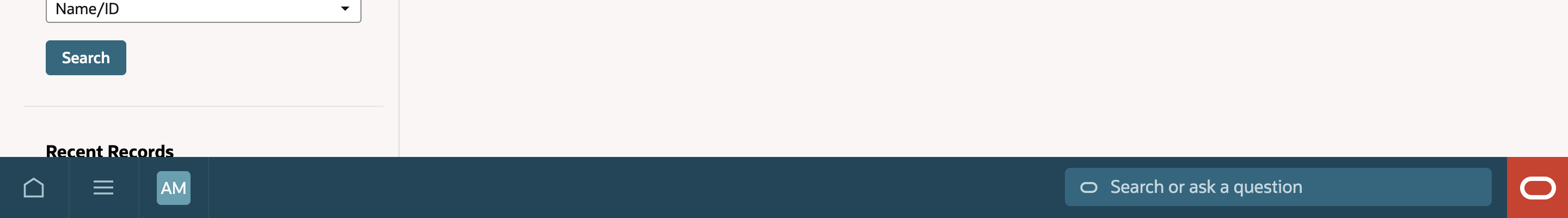 The NetSuite Next bottom bar with home, menu, and user initials buttons on the left and the Search or ask a question box on the right, below the Home dashboard's Quick Search portlet.