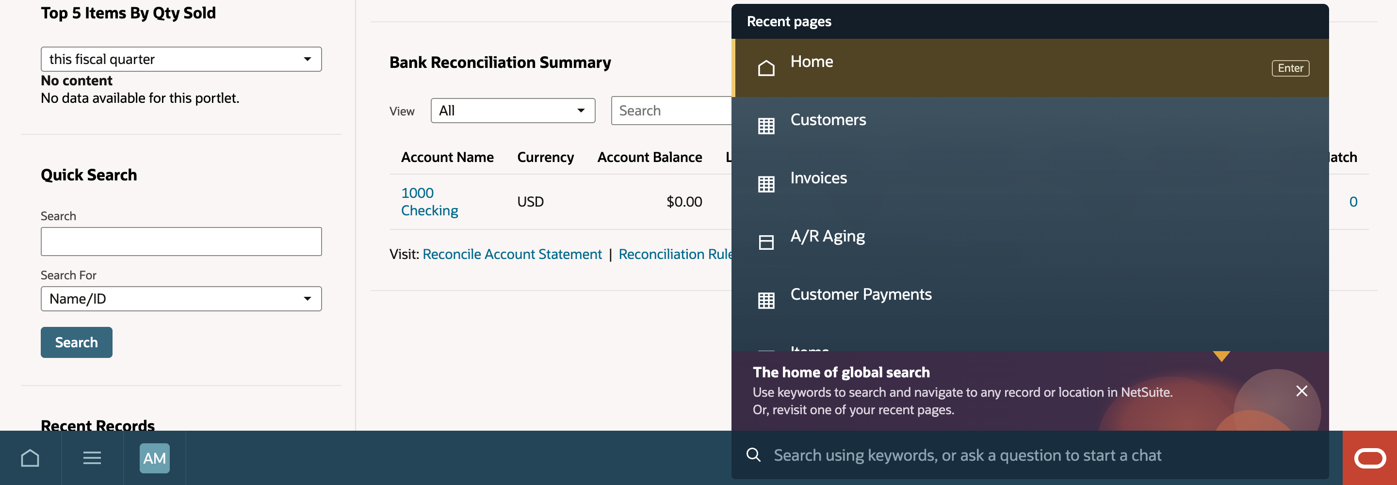 The Recent pages panel above the search box lists Home, Customers, Invoices, A/R Aging, and Customer Payments, with a tip titled The home of global search above the empty box.