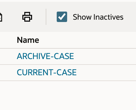 Items list has Show Inactives selected and includes ARCHIVE-CASE and CURRENT-CASE.