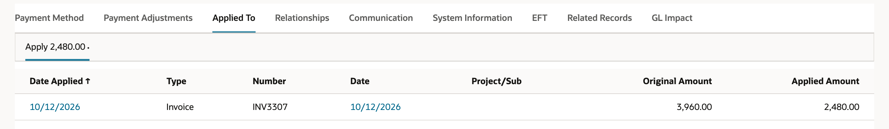 The Applied To subtab of CD214 with one row: Invoice INV3307 dated 10/12/2026, Original Amount 3,960.00, Applied Amount 2,480.00.