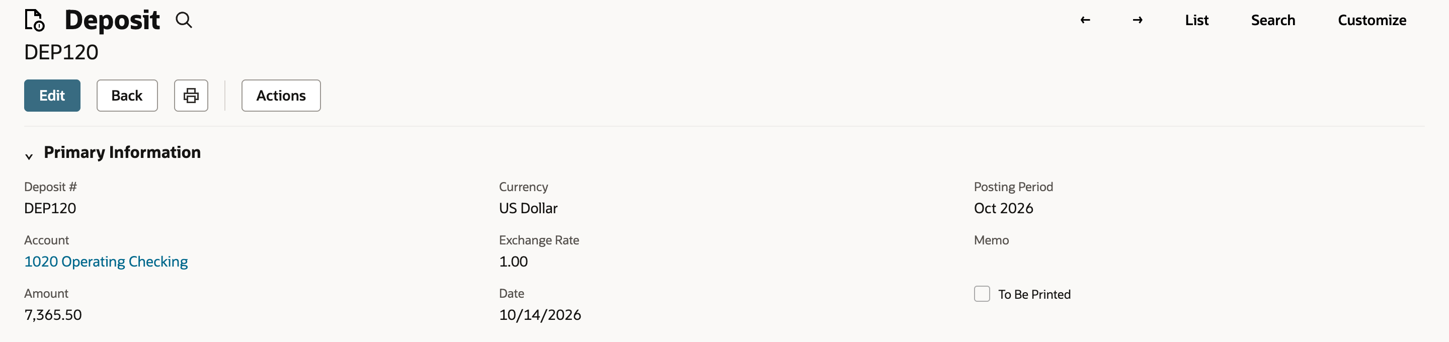 Deposit DEP120 with Account 1020 Operating Checking, Amount 7,365.50, Currency US Dollar, Date 10/14/2026 and Posting Period Oct 2026.