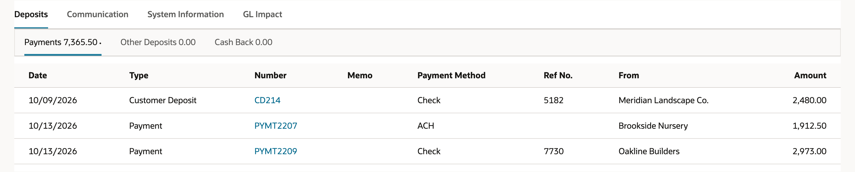 The Deposits subtab of DEP120 with Payments 7,365.50, Other Deposits 0.00 and Cash Back 0.00. Payments lists Customer Deposit CD214 from Meridian Landscape Co. for 2,480.00, Payment PYMT2207 from Brookside Nursery for 1,912.50 and Payment PYMT2209 from Oakline Builders for 2,973.00.