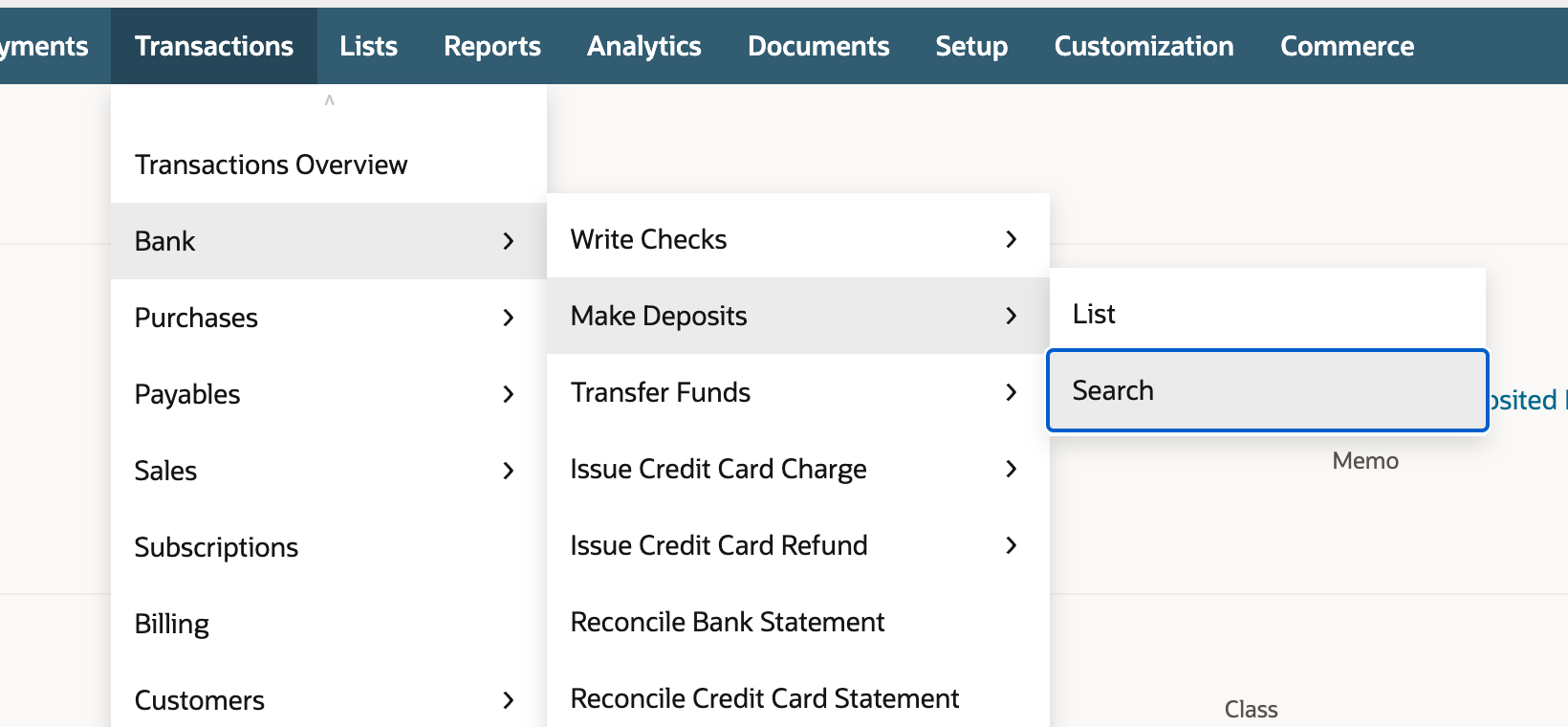 The Transactions menu open at Bank, then Make Deposits, with List and Search in the last flyout and Search highlighted.