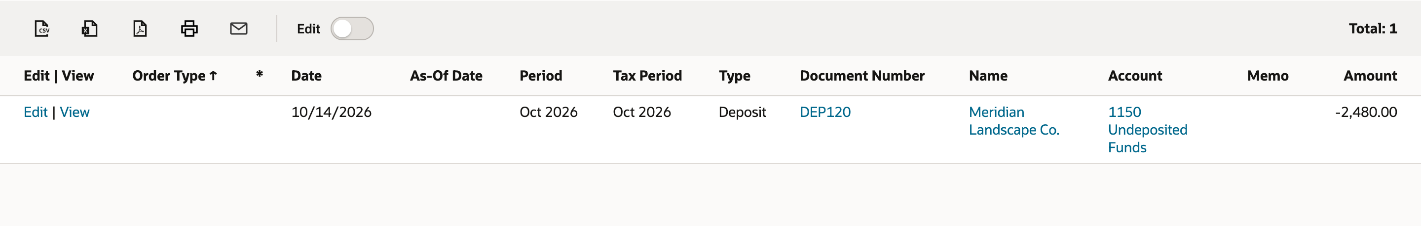 Transaction Search: Results with Total: 1 and one row: Deposit DEP120 dated 10/14/2026 for Meridian Landscape Co., Account 1150 Undeposited Funds, Amount -2,480.00.