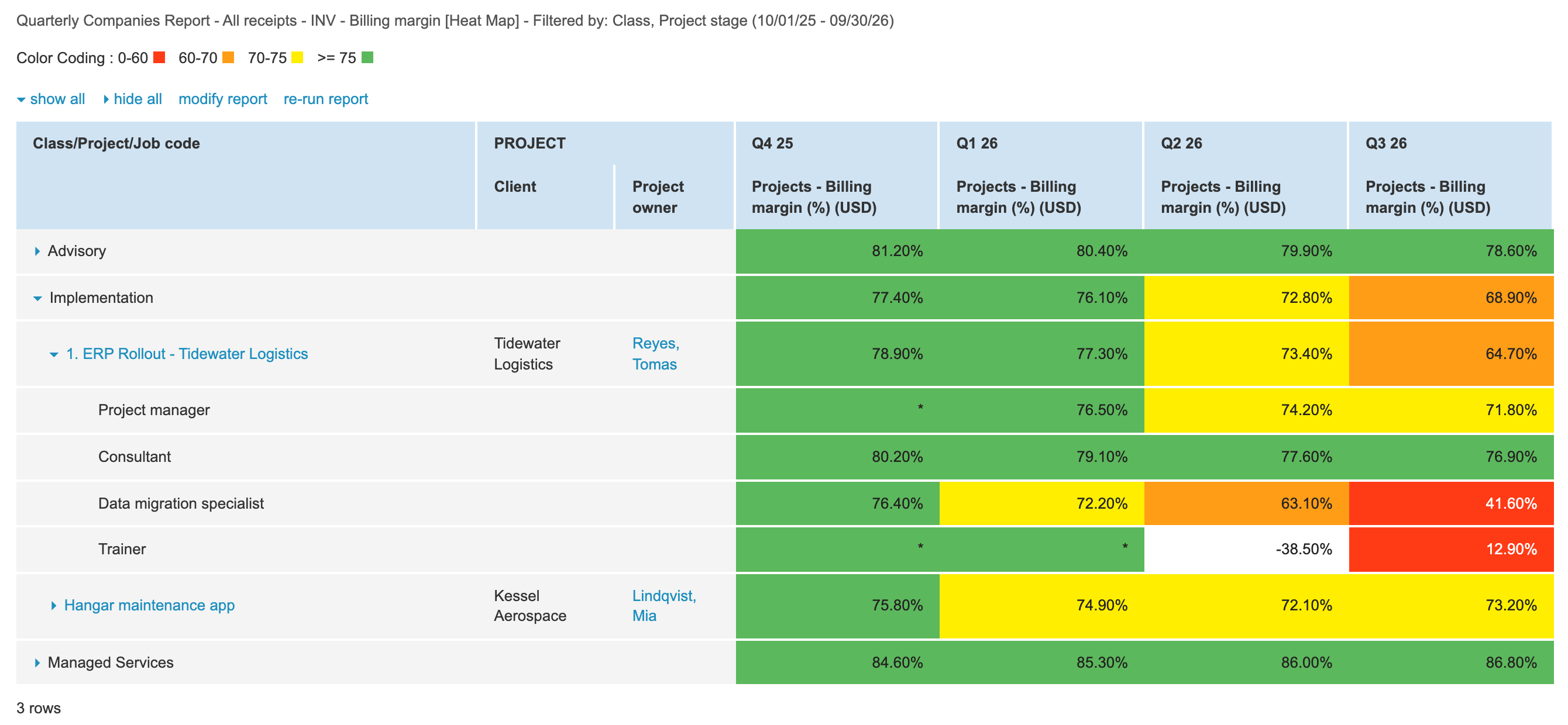 The ERP Rollout expanded to its job codes. Project manager * then 76.50%, 74.20%, 71.80%. Consultant 80.20%, 79.10%, 77.60%, 76.90%. Data migration specialist 76.40%, 72.20%, 63.10% and 41.60% in red. Trainer *, *, -38.50% uncolored and 12.90% in red.