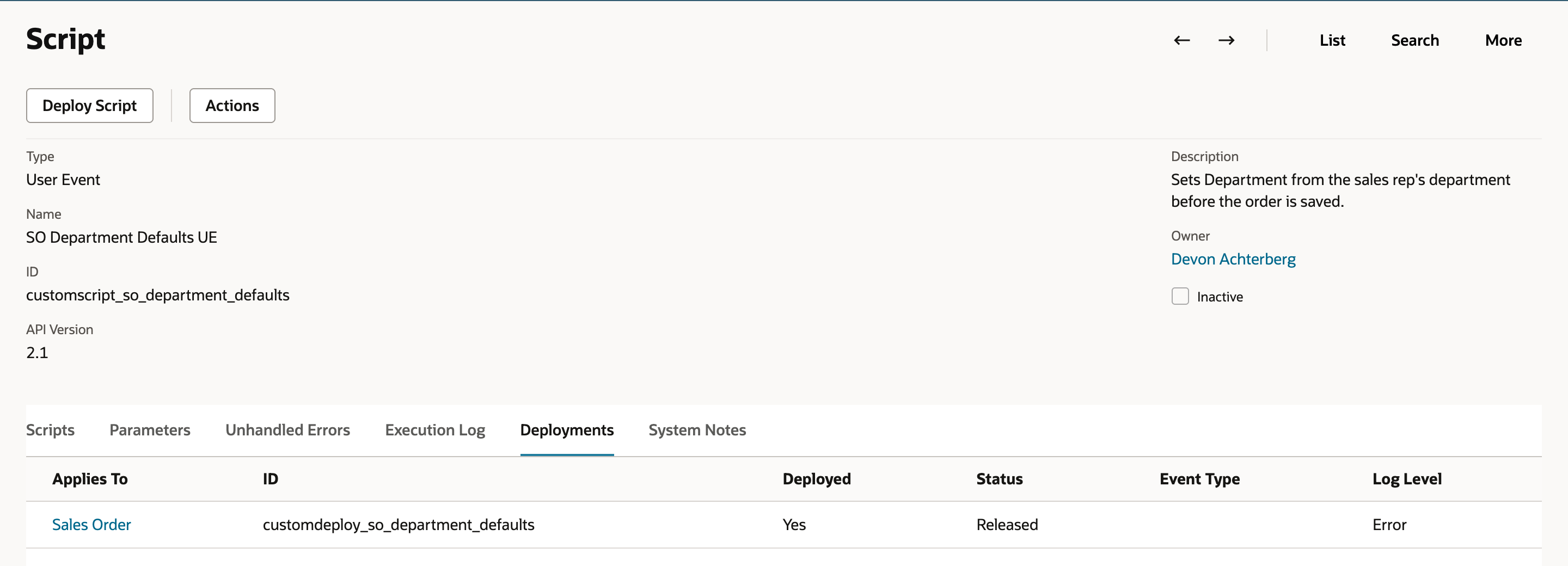 Deployments subtab of SO Department Defaults UE with one row: Applies To Sales Order, ID customdeploy_so_department_defaults, Deployed Yes, Status Released, Event Type blank, Log Level Error.