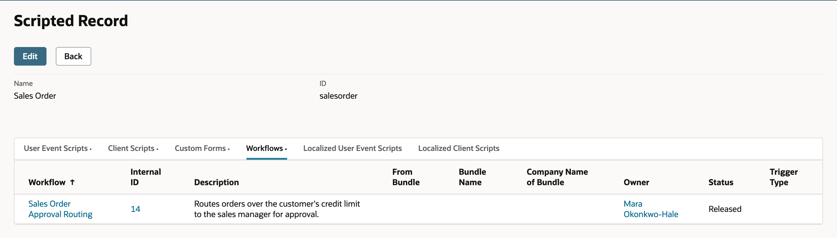 Workflows subtab for Sales Order. Sales Order Approval Routing, Internal ID 14, description Routes orders over the customer's credit limit to the sales manager for approval, owner Mara Okonkwo-Hale, Status Released.