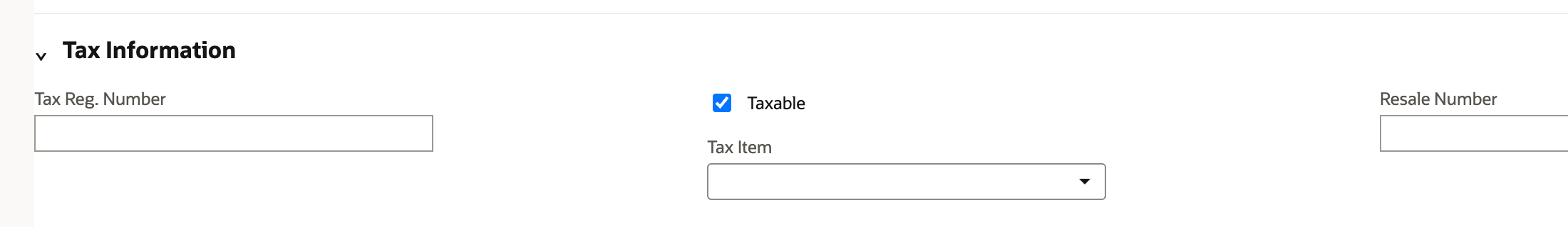 In edit mode, the customer's Tax Information section shows Taxable checked and the Tax Item dropdown empty.