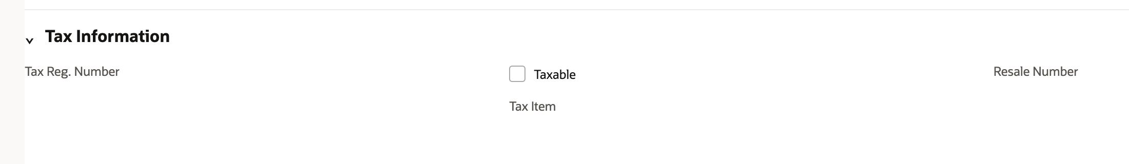 The customer's Tax Information section shows Taxable unchecked, with Tax Item and Resale Number blank.