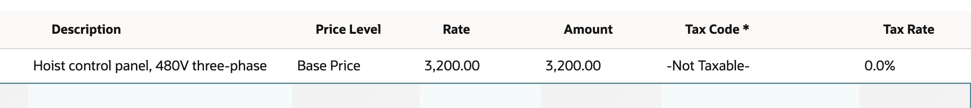 In edit mode, the existing Hoist Control Panel line still shows Tax Code -Not Taxable- and Tax Rate 0.0%.