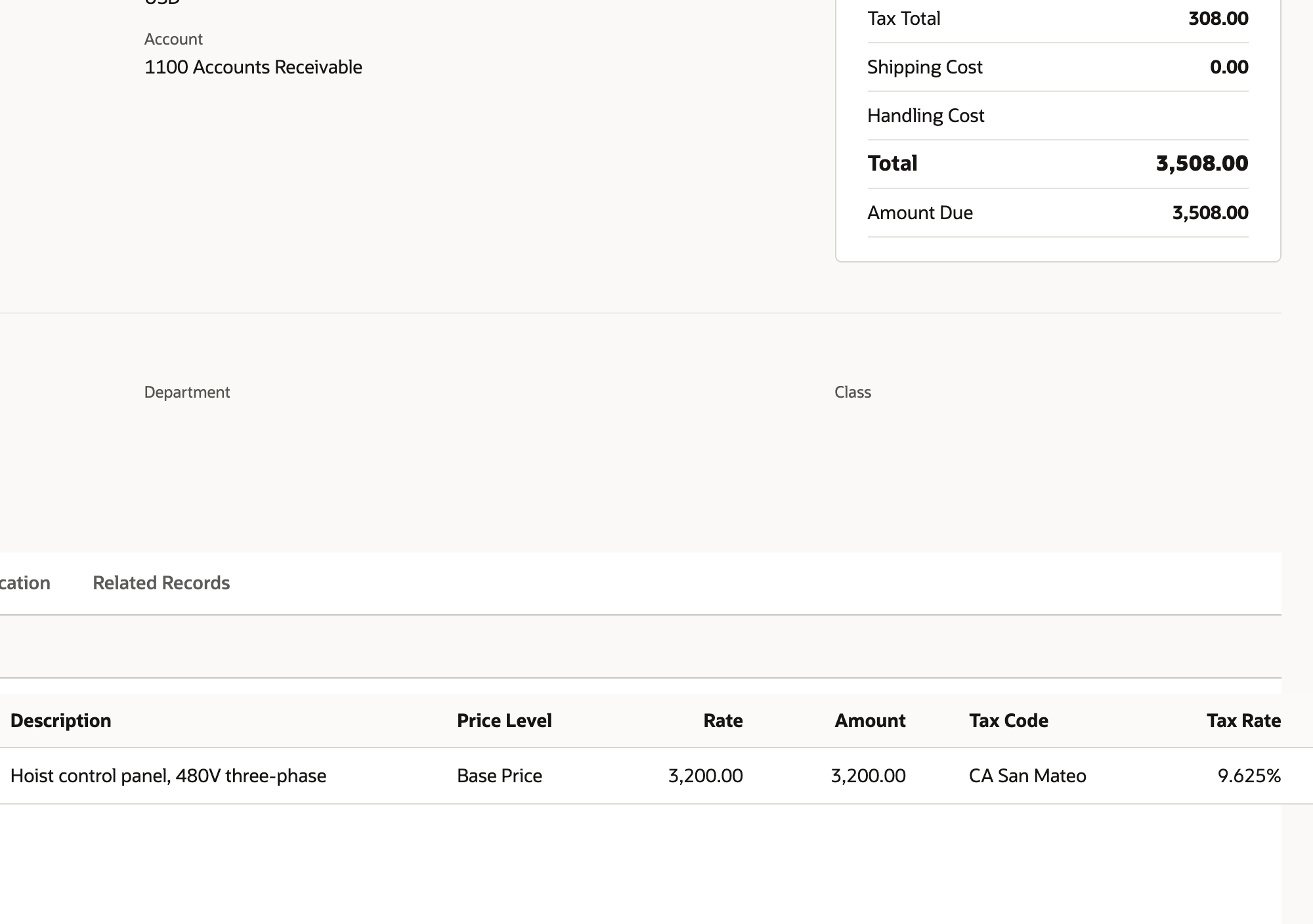 The saved invoice shows Tax Total 308.00 and Total 3,508.00, and the Hoist Control Panel line shows Tax Code CA San Mateo and Tax Rate 9.625%.