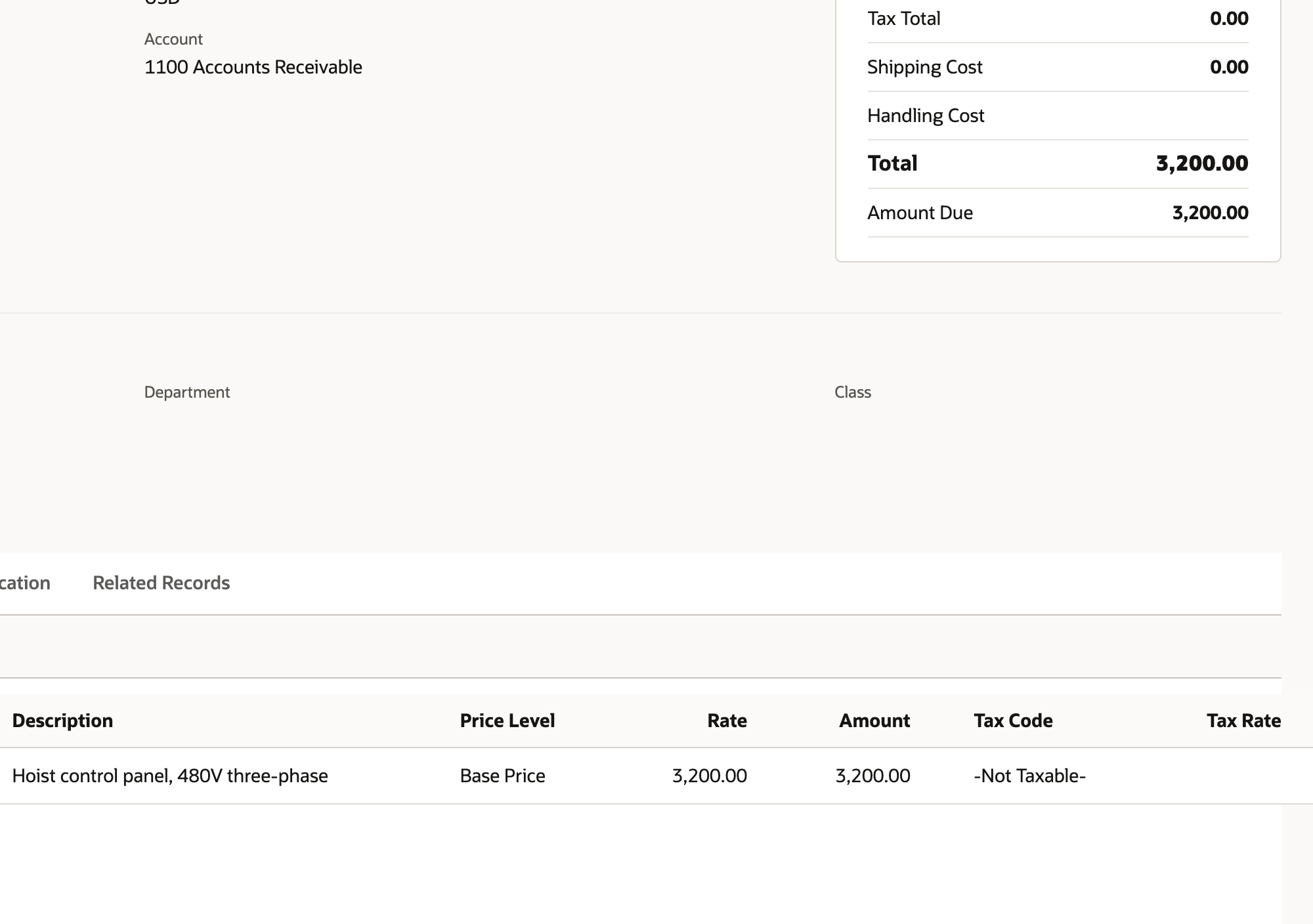 The invoice Summary shows Tax Total 0.00 and Total 3,200.00, and the Hoist Control Panel line shows Amount 3,200.00, Tax Code -Not Taxable-, and a blank Tax Rate.