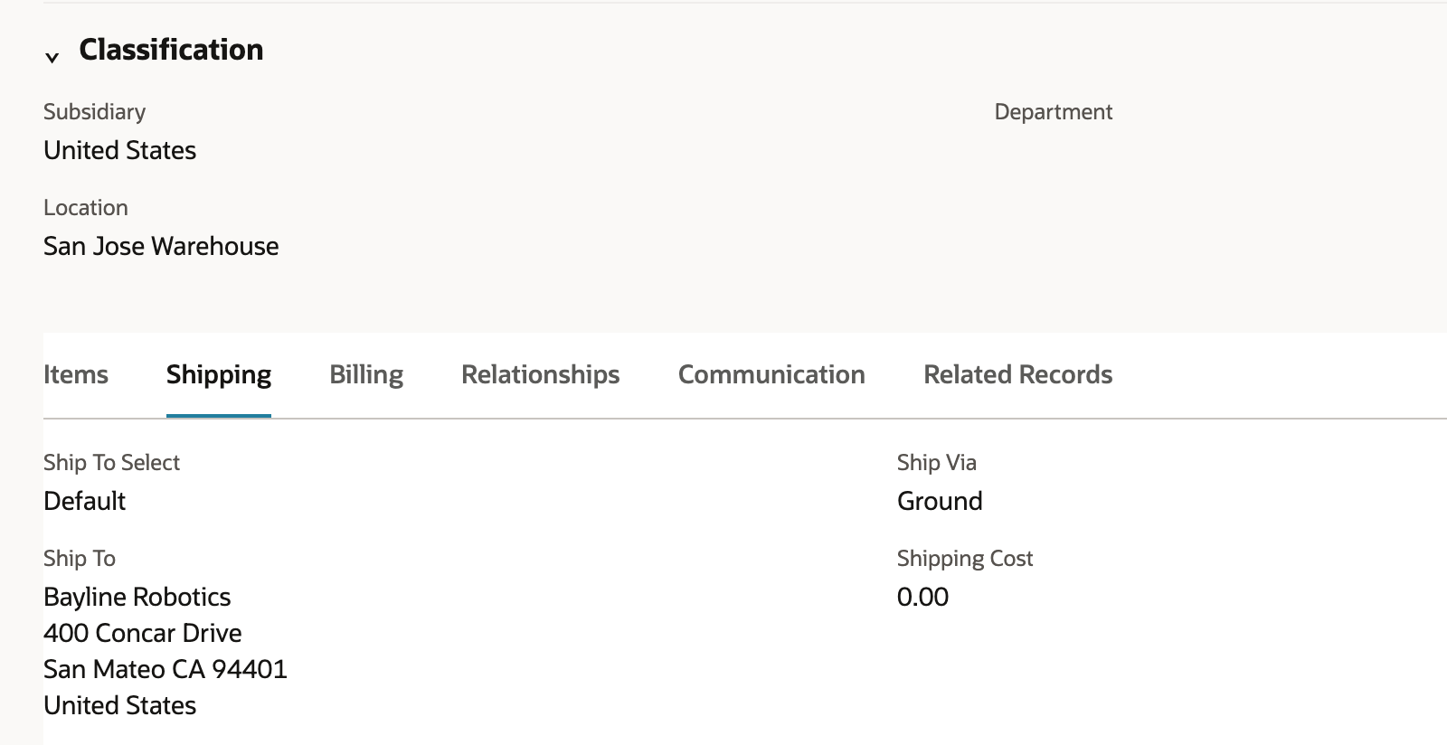 The invoice shows Subsidiary United States and, on the Shipping subtab, Ship To Bayline Robotics, 400 Concar Drive, San Mateo CA 94401, United States.