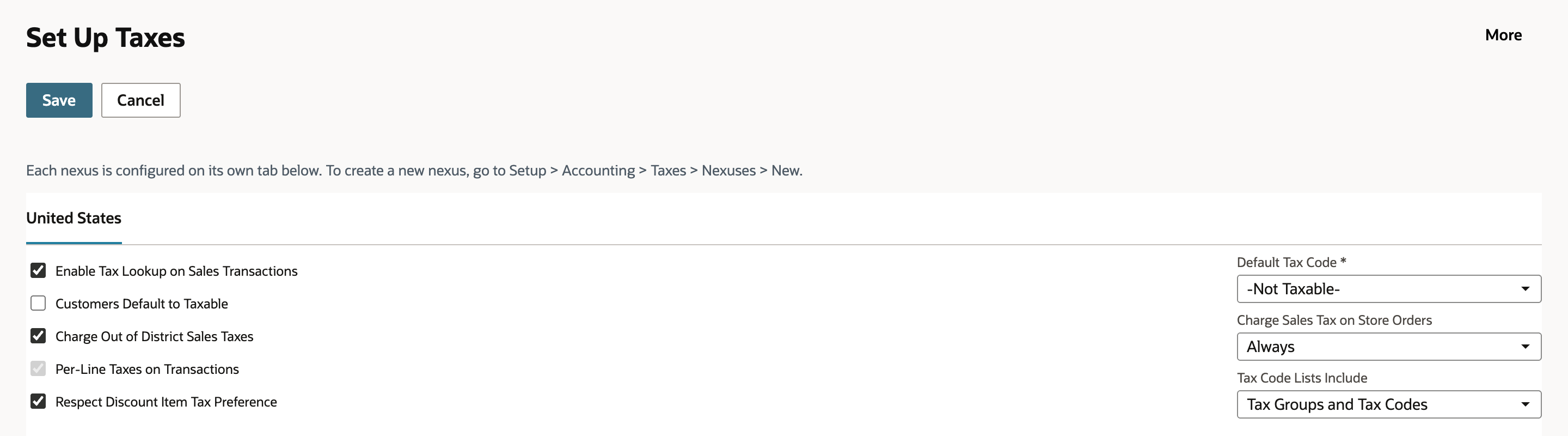 Set Up Taxes, United States tab: Enable Tax Lookup on Sales Transactions and Charge Out of District Sales Taxes checked, Customers Default to Taxable unchecked, Default Tax Code -Not Taxable-, and Tax Code Lists Include Tax Groups and Tax Codes.