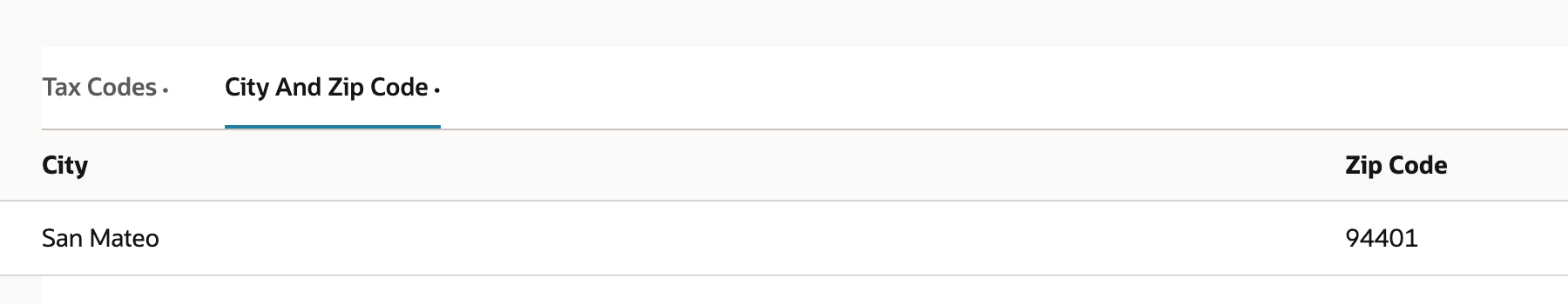 The tax group's City And Zip Code subtab lists City San Mateo and Zip Code 94401.