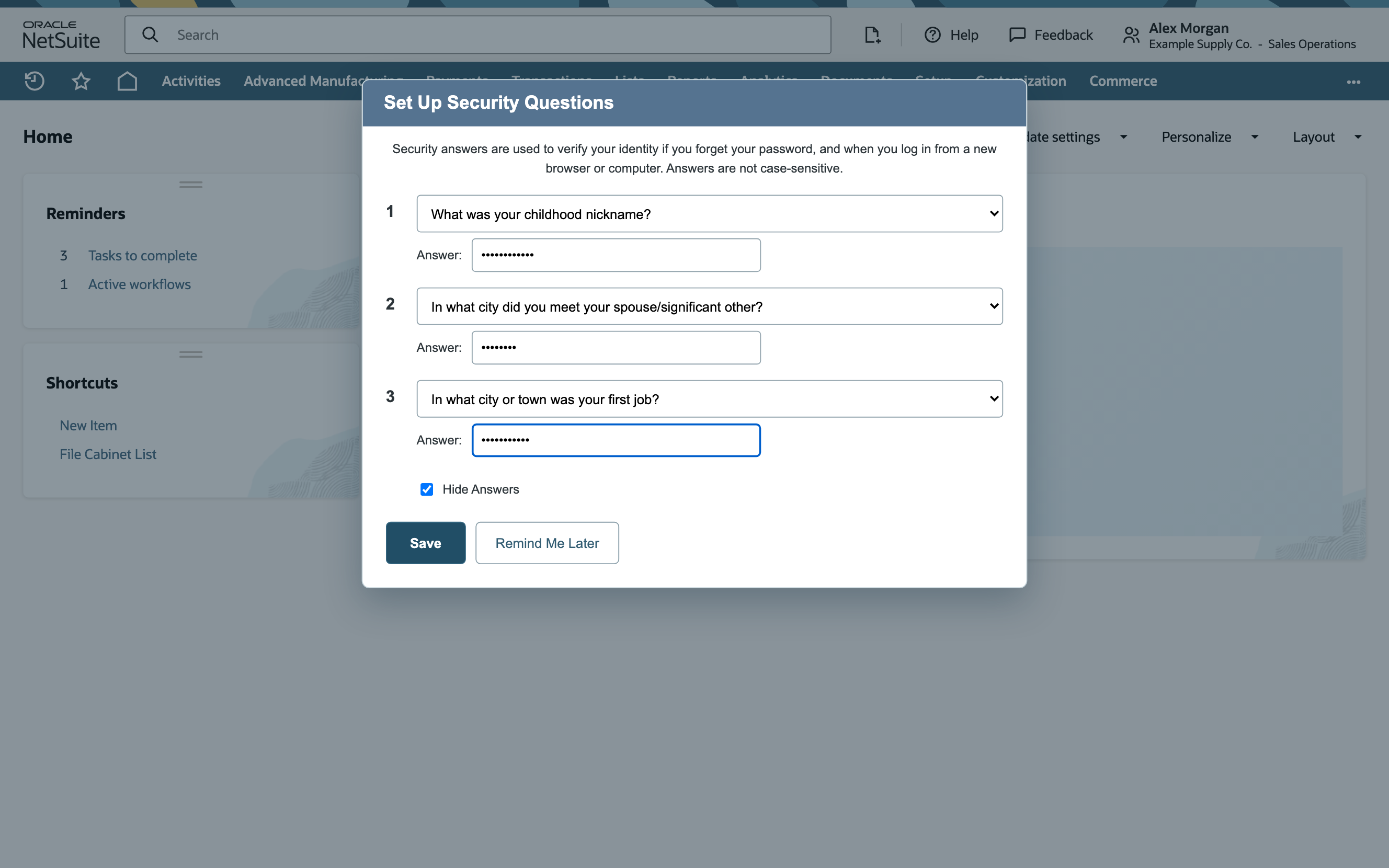 Illustrative NetSuite Home showing Example Supply Co. and the active Sales Operations role in the header