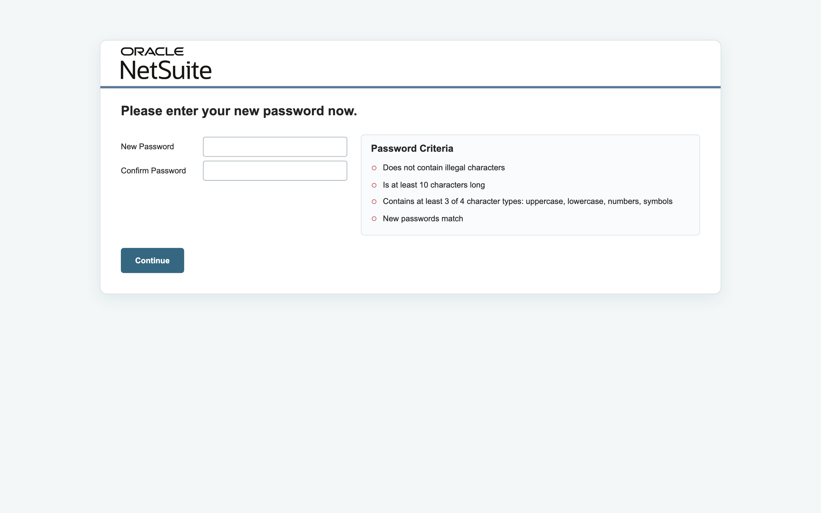NetSuite setup page showing new-password fields and password rules