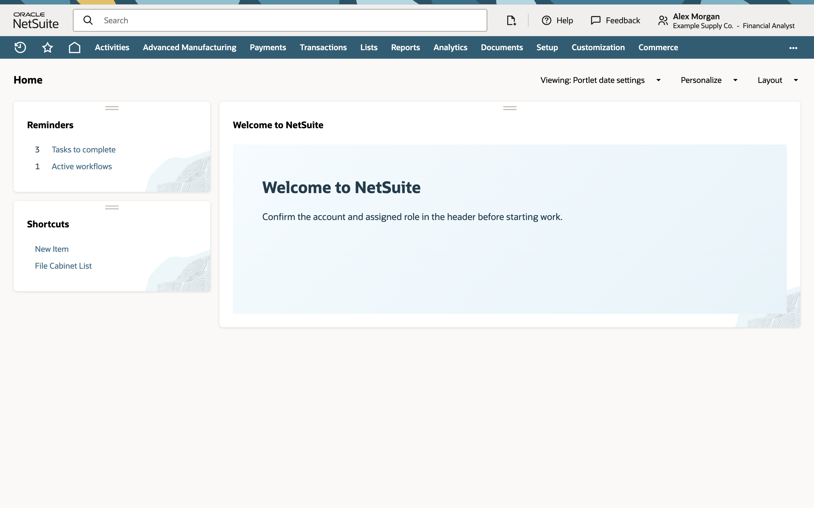 Illustrative NetSuite Home showing Example Supply Co. and the active Financial Analyst role in the header