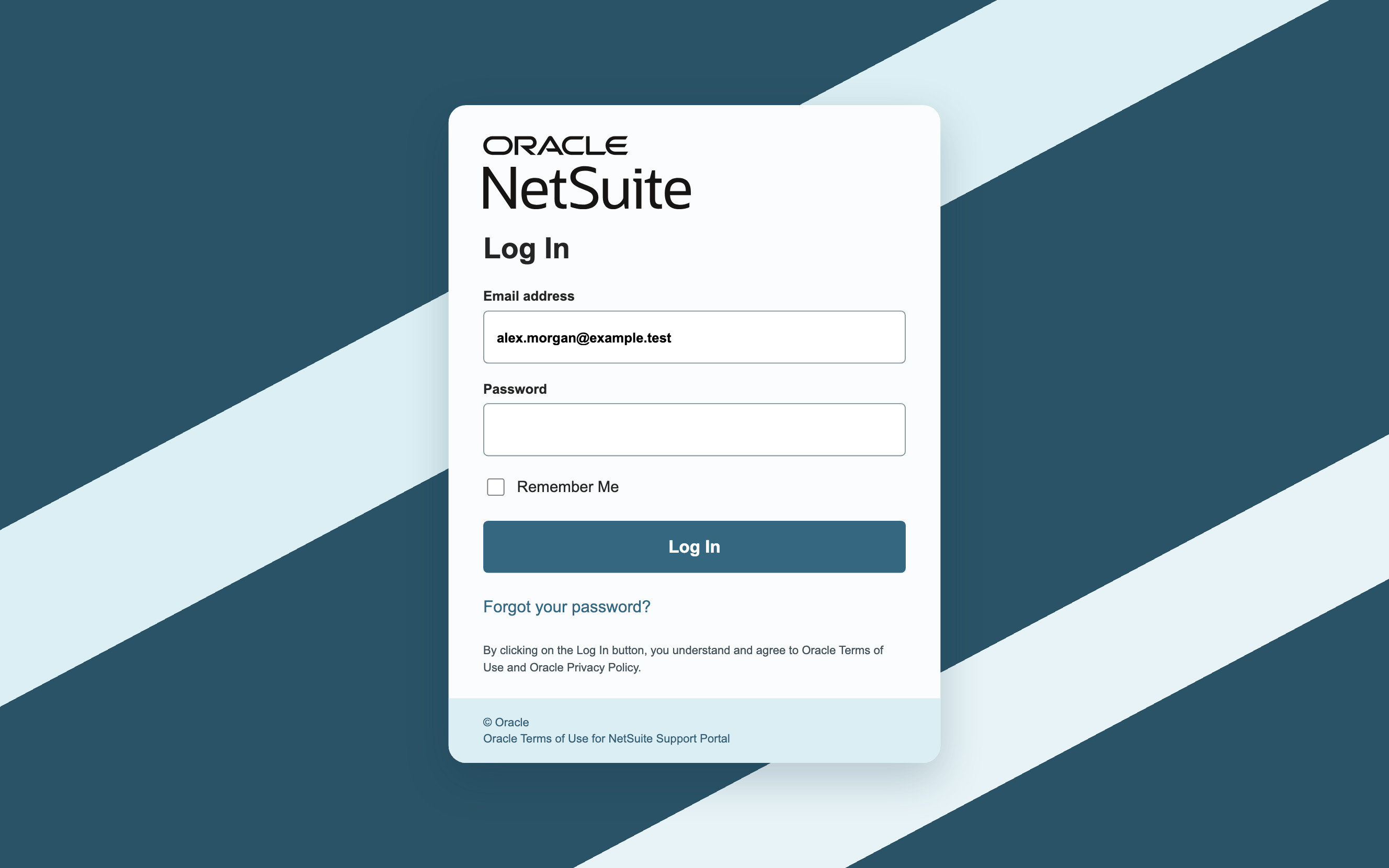 NetSuite login page with email and password fields