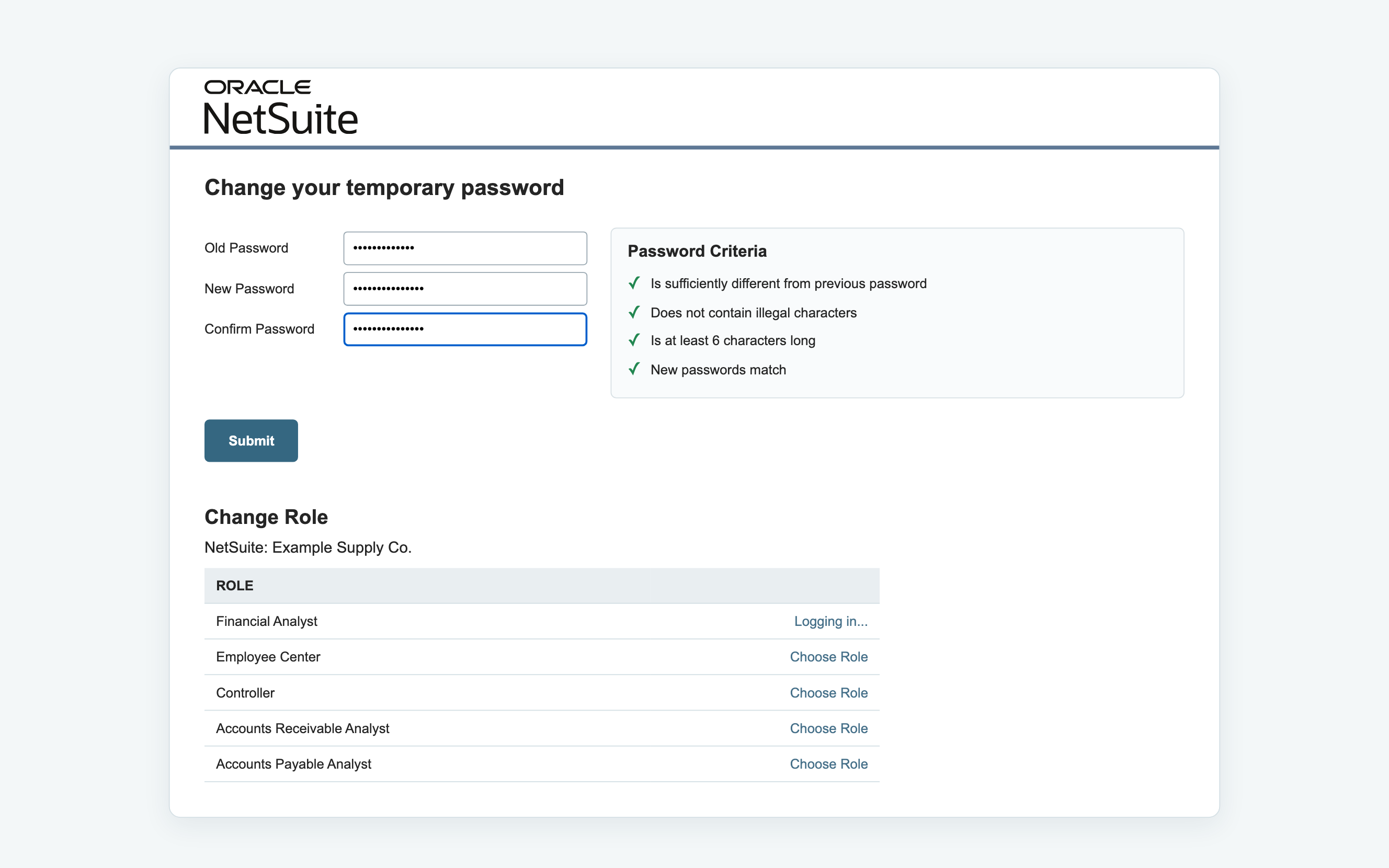 NetSuite password change form with criteria and an embedded Change Role list