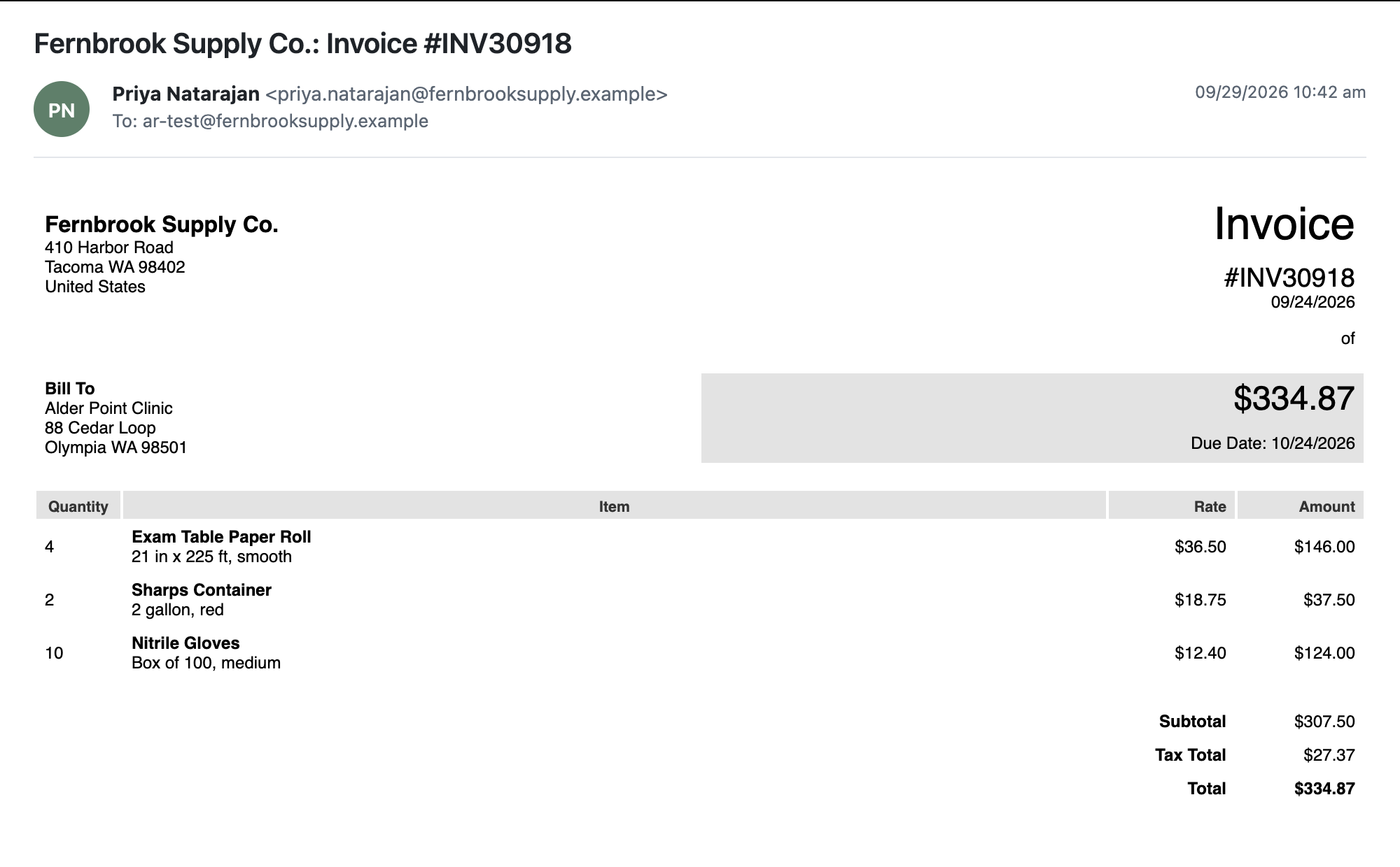 The received email Fernbrook Supply Co.: Invoice #INV30918. A stray word of sits under the invoice date 09/24/2026, and the header, total box and item table stretch across the full width of the reading pane.